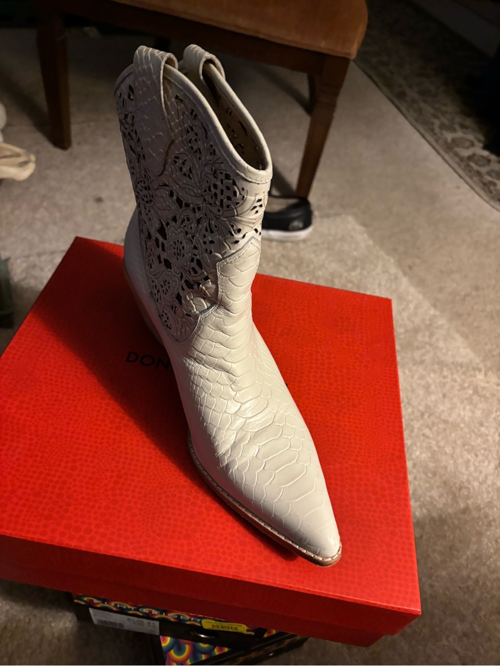 Donald J. Pliner White Laser-Cut Croc-Embossed Pointed Ankle Bootie